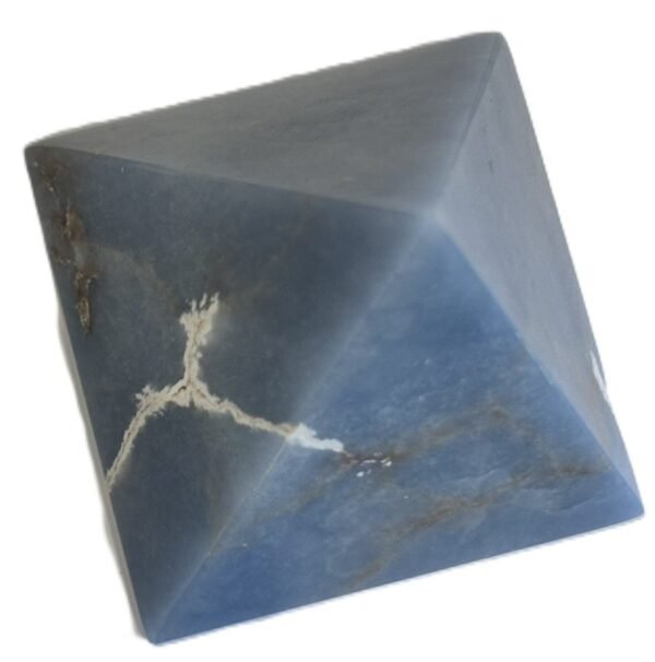Polished natural angelite crystal pyramid 1 sians emporium Polished blue angelite four sided pyramid showing natural white veining and earthy inclusions on a white background